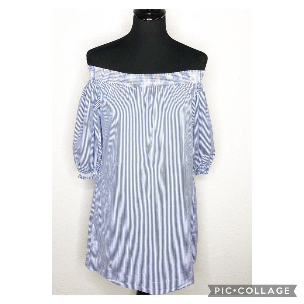 Trina Turk Neville Blue White Striped Off Shoulder Dress Size Small View 2